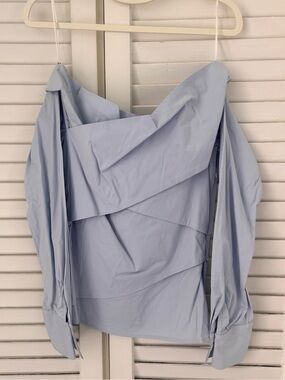 Theory Off-Shoulder Wrap Cotton Shirt in Light Blue